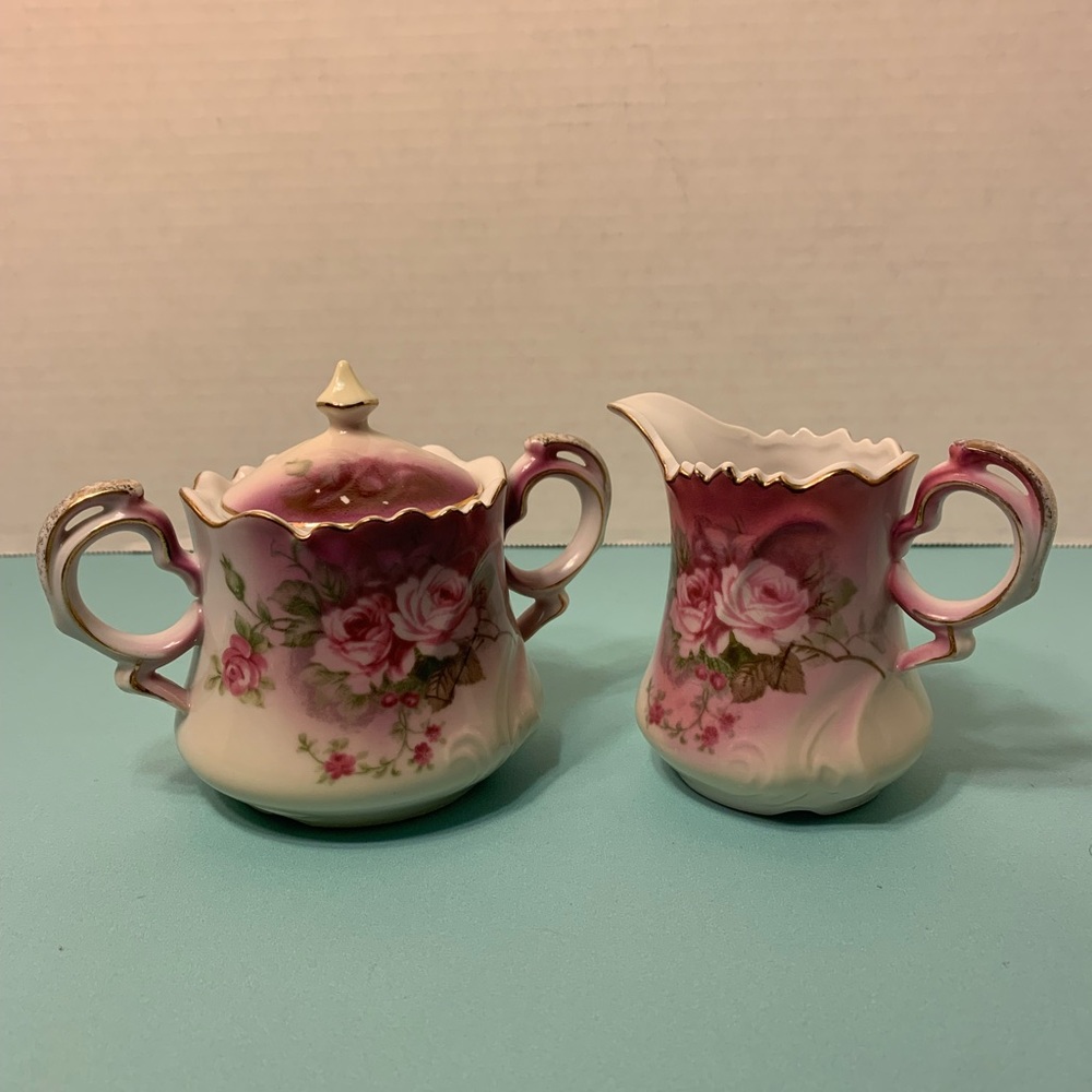 Lefton China Hand Painted Heavenly Rose Creamer & Sugar Dish Set. Elegant. 2689